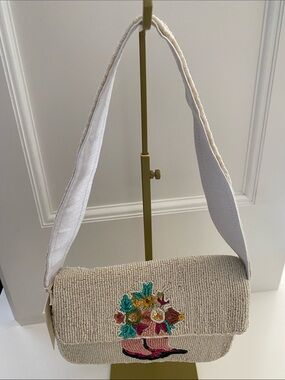 Beaded Cowgirl Boots & Floral Bouquet Shoulder Bag - Cream